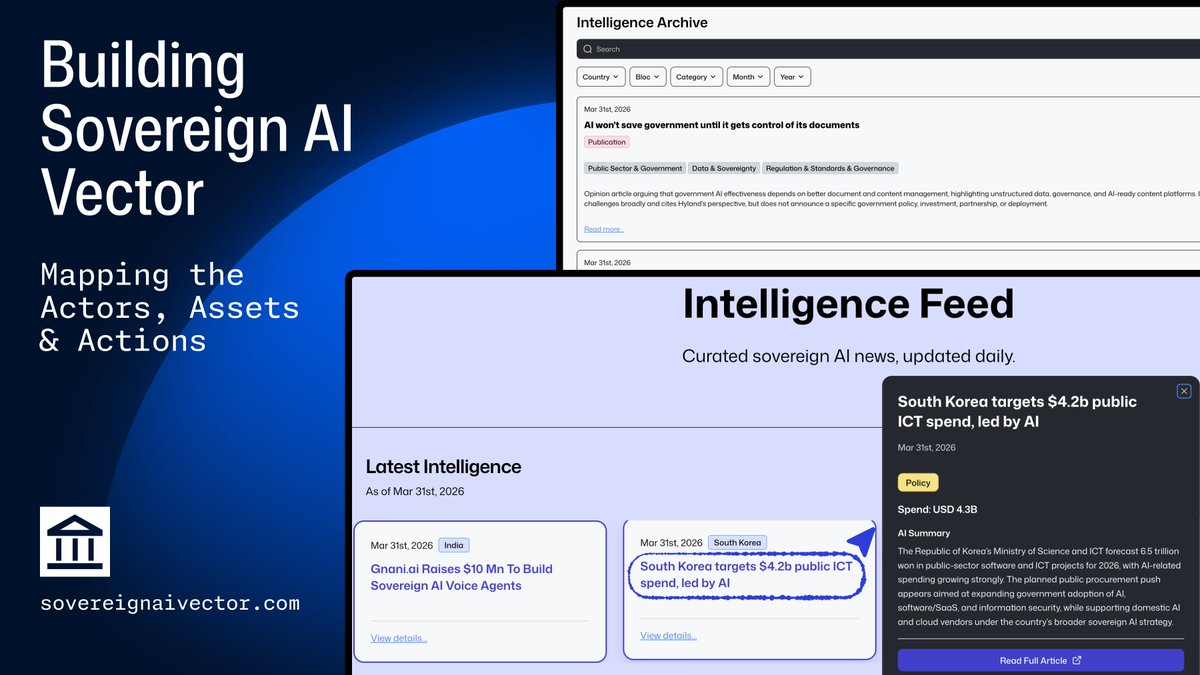 buildcampmode's tweet photo. 📣 New on Sovereign AI Vector: the Intelligence Feed.

Curated sovereign AI news, updated daily — tagged by country, category, and type, with AI-generated summaries and source links.

Free and open. Link in comments ⬇️ https://t.co/EJOnNSZgZH