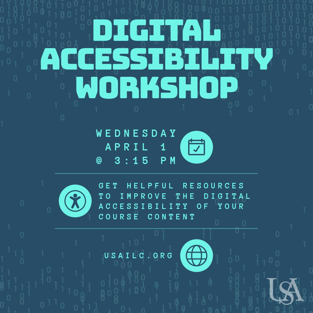 USA_ILC's tweet photo. Join us for a workshop highlighting the new Title II requirements, &amp; gain resources to help make your course content accessible.
This workshop is on Zoom.
Go to https://t.co/oaceOop39R &amp; get a link on our Calendar of Events.
#accessibility #title2 #digital #ReadySouthGo https://t.co/qbj2UpxakZ