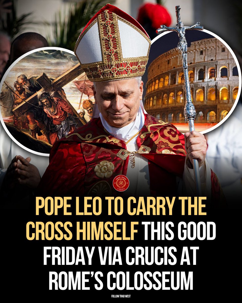 trad_west_'s tweet image. "If anyone would come after me, let him deny himself and take up his cross and follow me." (Matthew 16:24)

This Good Friday, the Holy Father’s decision to personally carry the cross at the Colosseum is a profound, living testament to the Passion of Christ. As the Vicar of Christ
