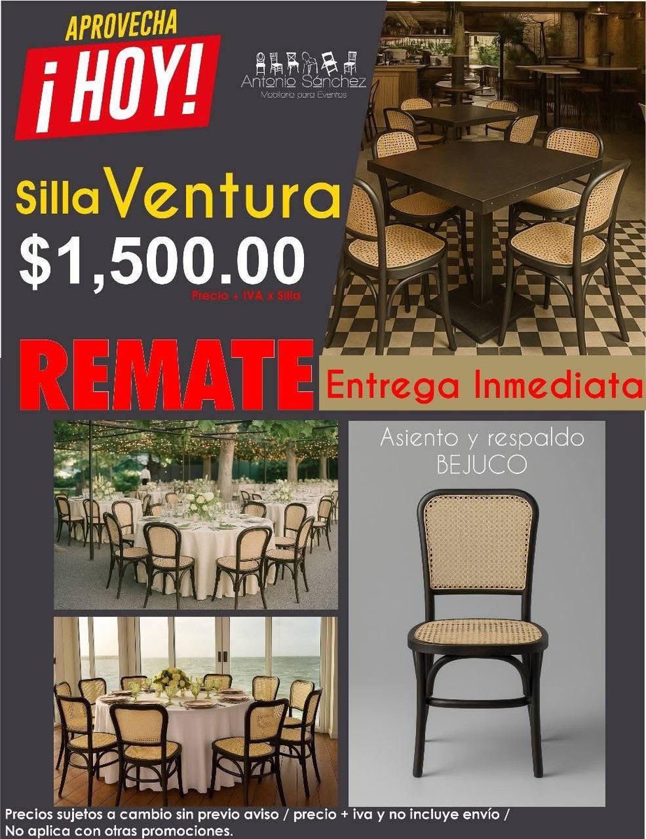rematesdesillas's tweet photo. 🔥 APROVECHA REMATE 🔥
La silla que está dominando restaurantes, terrazas y eventos elegantes… 👇
✨ Silla Ventura
💰 $1,500 + IVA
🚚 Entrega inmediata
Una silla con diseño tipo bistró europeo 🇫🇷
✔️ Estructura resistente
✔️ Asiento y respaldo de bejuco https://t.co/gDqYxaXhi9