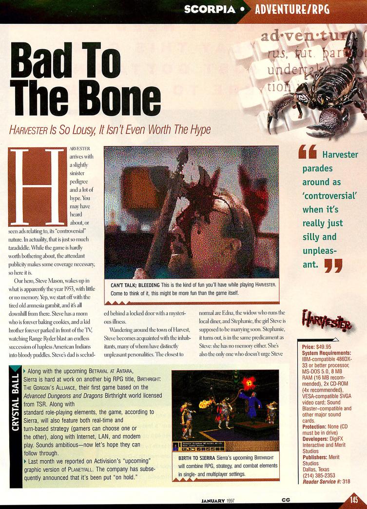 Shard01464880's tweet photo. @majuular I found Scorpia's review of Harvester. Computer Gaming World 150 (1997) https://t.co/VG0PwupjID