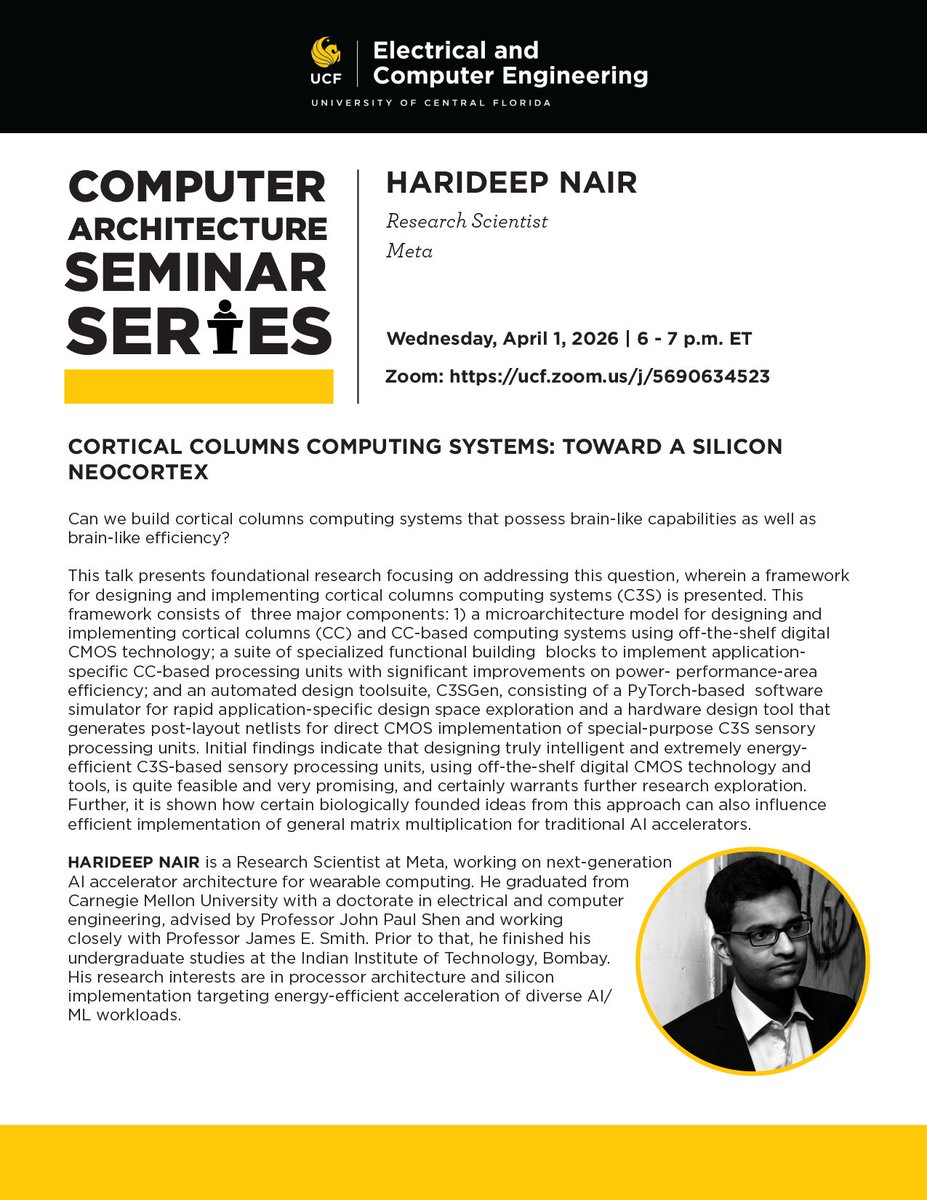 Tomorrow evening, we'll welcome the next speaker in our computer architecture series. Join us to hear the latest research from Harideep Nair, a research scientist at Meta.

🗓️ Wednesday, April 1, 2026
🕘 6 - 7 p.m. ET
🔗 Virtual via Zoom: bit.ly/3NvXNOQ