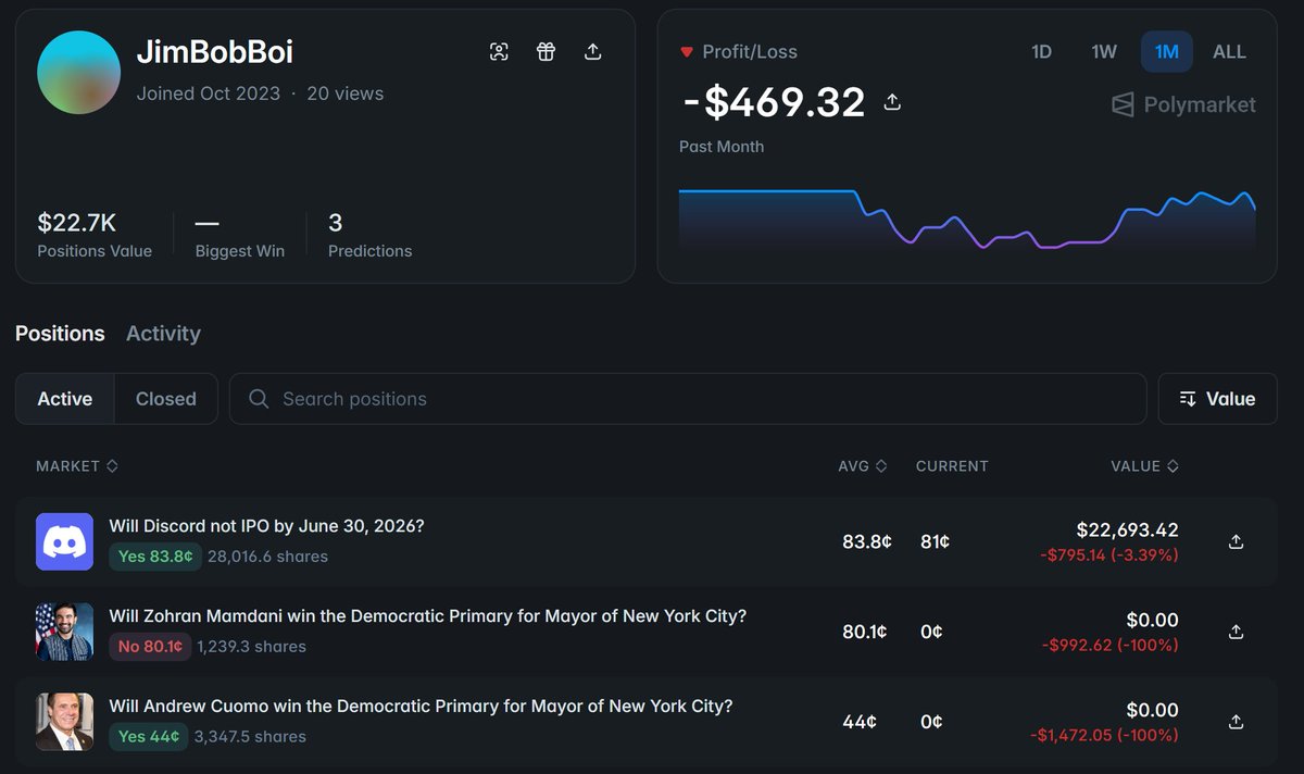 The_Augur's tweet photo. hey @kepochnik was looking into this today. do you think JimBobBoi (the account that swept the book to 99¢) is an insider? looks suspicious — their only other bets were NYC mayoral races, and they've kept buying Yes at 80-83¢ over the past few weeks.

also saw some coordinated wash trading on the Discord IPO before 2027 market. but no glaring insider activity in the full-year market — makes me wonder if the decline in full-year odds is just downstream of the June 30 market move.

no actual Discord IPO news from credible sources since the confidential filing in January.