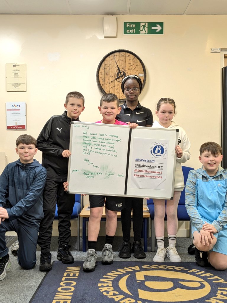 BlairvadachAndy's tweet photo. 2nd night for @StBartholomews1 and @DrummoreG15 reflecting on their day, then saying a big hello to everyone back in Glasgow with a #BVPostcard 👋
Then out to tackle the @BlairvadachOEC #nightline 
I think they'll be ready for bedtime....🤣😴
#StBartholomewsBV26 
#DrummoreBV26 https://t.co/3VsqWJouog
