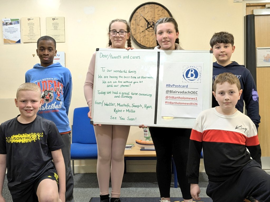 BlairvadachAndy's tweet photo. 2nd night for @StBartholomews1 and @DrummoreG15 reflecting on their day, then saying a big hello to everyone back in Glasgow with a #BVPostcard 👋
Then out to tackle the @BlairvadachOEC #nightline 
I think they'll be ready for bedtime....🤣😴
#StBartholomewsBV26 
#DrummoreBV26 https://t.co/3VsqWJouog