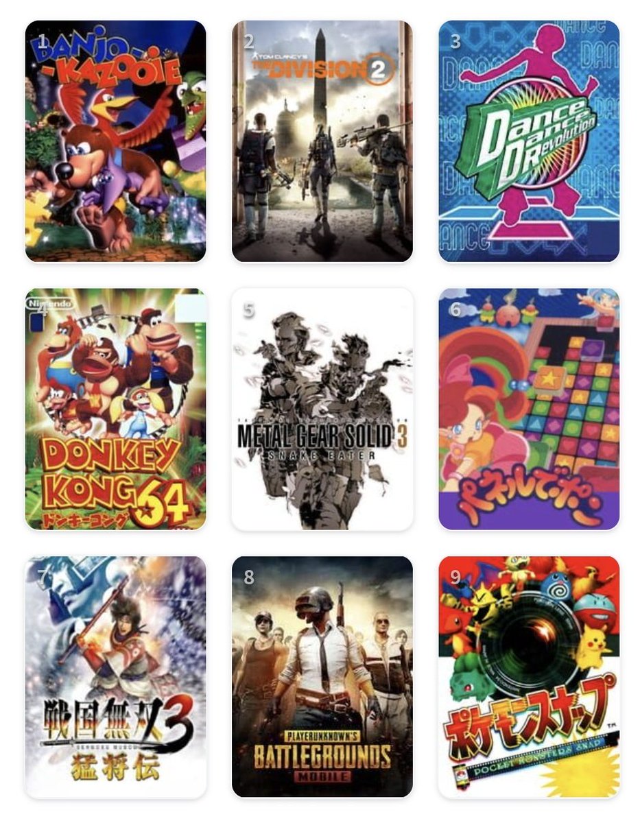 tetsuko_meshi's tweet photo. 私を構成する9つのゲーム
#My9Games #私を構成する9つのゲーム
https://t.co/JYOiF2ELOh

懐かしい気持ちになれました。
ドンキーコングはスーファミ1.2.3が特に好き
ポケモンスタジアムも好きだったなぁ
DDRは3rdMixをps2と一緒に買ってもらった思い出
無双は三国も弟とよくやったなぁ https://t.co/x5Xxk5jVpo