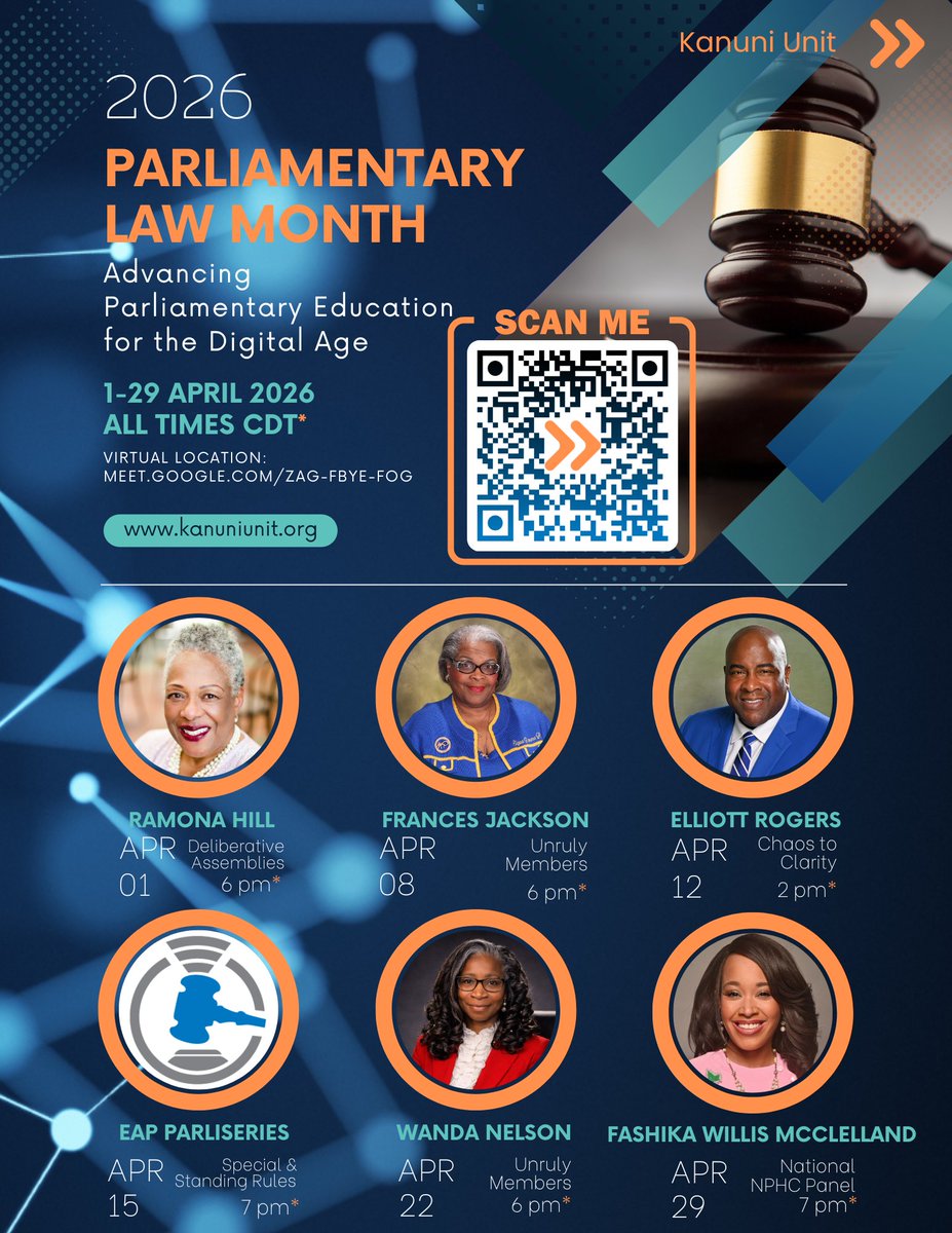 EAPparl's tweet photo. April is Parliamentary Law Month! Join the Kanuni Unit this month for exciting sessions to increase your knowledge and join in the celebration. Hope to see you there! 

Join through Google Meet (zag-fbye-fog). https://t.co/MFjpuOyWUQ