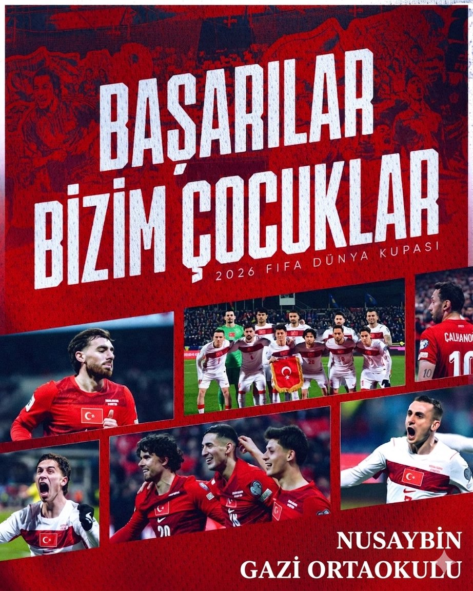 NusaybinGazi's tweet photo. Bizim Çocuklar" ile gurur duyuyoruz! 
​Nusaybin Gazi Ortaokulu olarak, 2026 FIFA Dünya Kupası yolunda A Millî Futbol Takımımıza sonsuz başarılar diliyoruz. 
​Kalbimiz sizinle, dualarımız sizinle! Yolunuz açık olsun! https://t.co/aF9yQ5fTQu