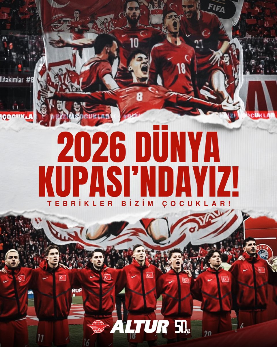 AlturTurizm's tweet photo. 🇹🇷 2026 Dünya Kupası play-off finalinde Kosova’yı mağlup ederek Dünya Kupası'na katılmaya hak kazanan A Millî Futbol Takımımızı, yürekten tebrik ediyoruz. 

Sizinle gurur duyuyoruz #BizimÇocuklar! 👏👏👏 https://t.co/BMlAQnA9cw