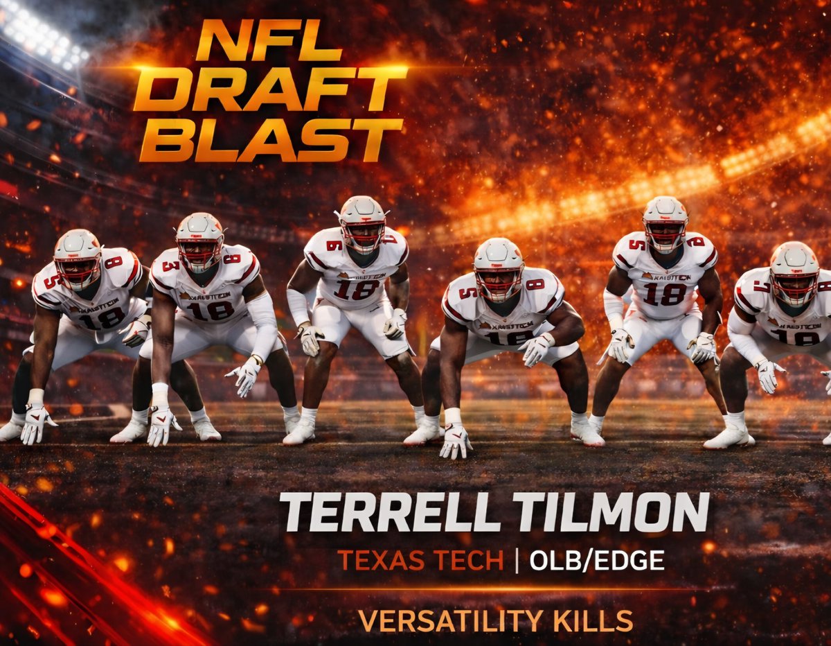 BoMarchionte's tweet photo. Terrell Tilmon, Texas Tech EDGE/OLB:
“I jammed my finger one practice… quit football for 4-5 years.”
Came back at 10.
Now: 
“I can play anywhere in that front seven.”
Maximizer of snaps. First-step speed. Versatility &amp; Range.
#nfldraft 
https://t.co/10aWGJdZTS https://t.co/NKkLo4b3fV