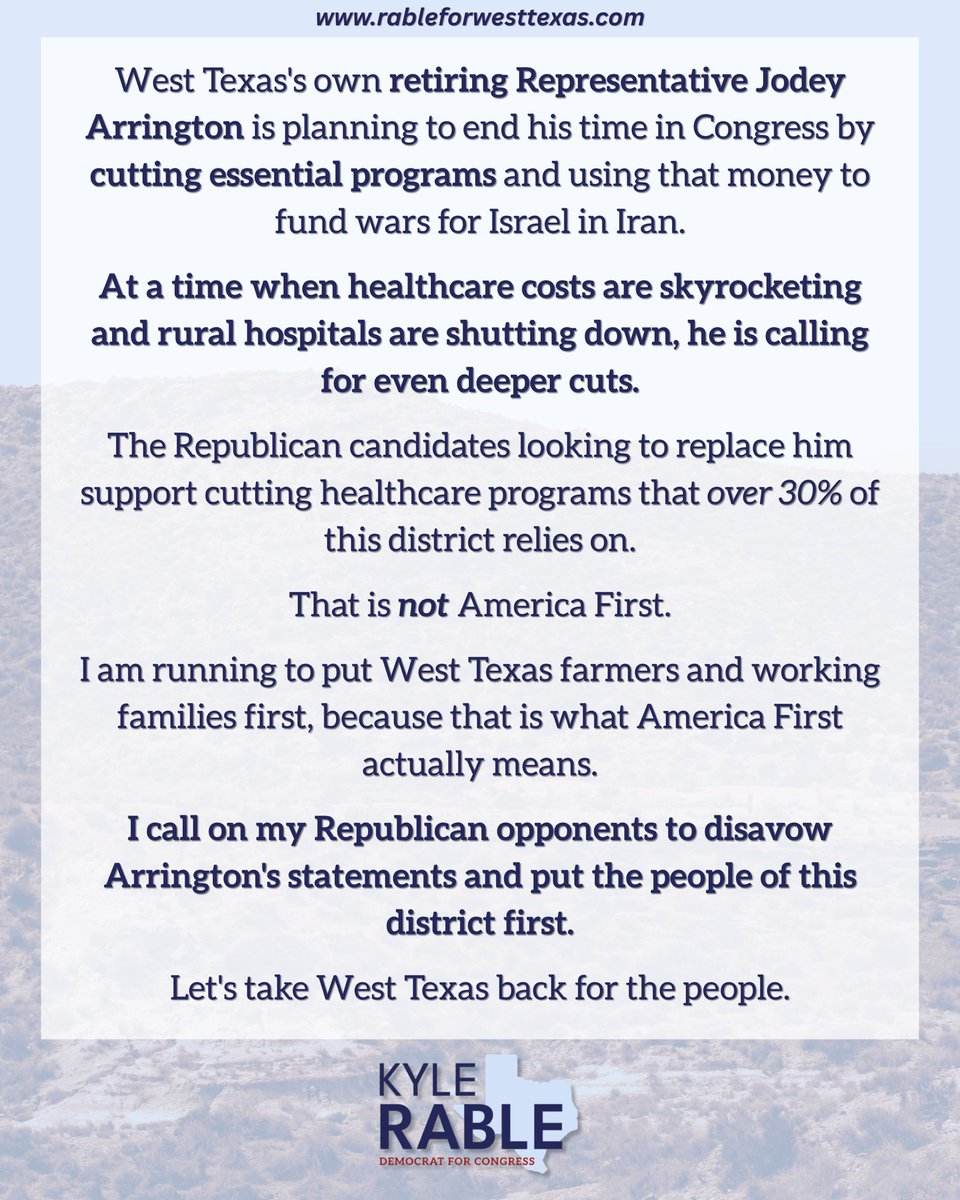 rableforwesttx's tweet image. WEST TEXAS COMES FIRST 

I’m calling on both, Tom Sell and Abraham Enriquez, to disavow Arrington and stand with the people of this district.

Join the fight for West Texas today: rableforwesttexas.com

#fyp #republican #democrat #war #texas