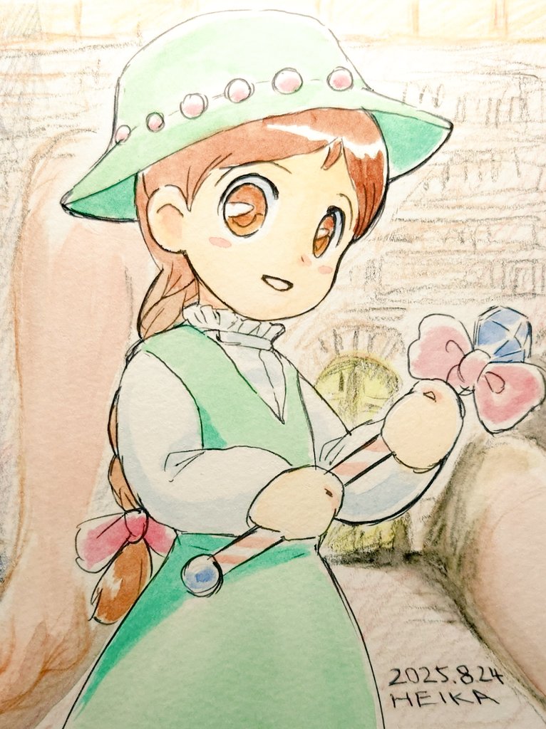 heikahp's tweet image. おはようございます！2026年4月になりました！今月は過去に描いたレトロゲームの女の子キャラ絵を再掲しまくります！
という訳で今日はタイトーの「プリルラ」よりメルさん！
#過去絵を擦りまくれ #TAITO
#アナログイラスト連合軍