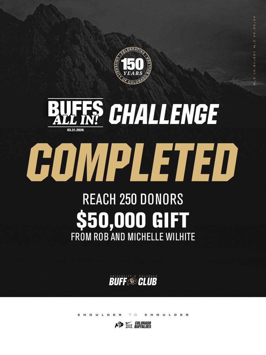 CUBuffClub's tweet image. $50,000 unlocked!! Thank you, Buffs Nation. Just 51 more donors to unlock another $150,000! Let’s keep it going!

#GoBuffs🦬