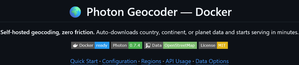time_to_move_h's tweet photo. 🌍 Just open-sourced Photon Geocoder Docker!

Self-hosted geocoding in one command: 
REGION=fr docker compose up -d

✅ Auto-downloads country/continent/planet data 
✅ Forward &amp; reverse geocoding 
✅ Fully configurable via .env

🔗 https://t.co/wI5c6U8Pg2

#OpenSource #Geocoding https://t.co/E4lunBw2BE