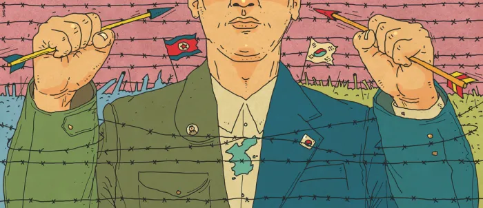 NKResearcher's tweet photo. As a scholar of #NorthKorea's political institutions, I might be too strict here, but Kyonghyang's comic artists for Song Du Yul's column keeps getting the #NorthKorean flag wrong. No white stripes, blue stripes way to thick. https://t.co/sgyoPzDdIy