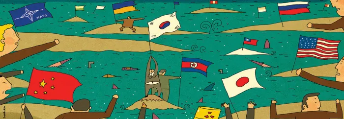 NKResearcher's tweet photo. As a scholar of #NorthKorea's political institutions, I might be too strict here, but Kyonghyang's comic artists for Song Du Yul's column keeps getting the #NorthKorean flag wrong. No white stripes, blue stripes way to thick. https://t.co/sgyoPzDdIy