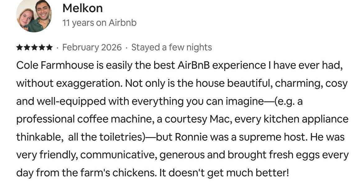 usa1731's tweet photo. “Easily the best Airbnb experience I have ever had… it doesn’t get much better!”
Hearing this from a guest with 11 years of Airbnb experience makes it even more meaningful 💛
Thank you for staying with us—we’d welcome you back anytime 🐓
#ColeFarmhouse #USA1731 #AirbnbSuperhost https://t.co/J6bNlyHpsw