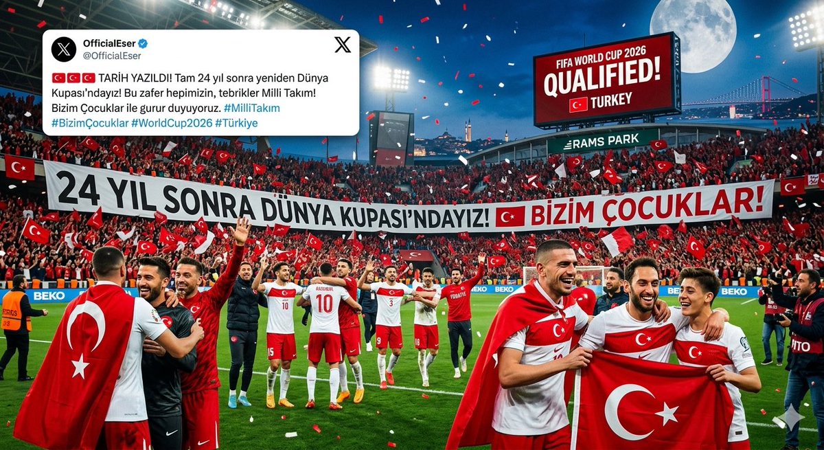 🇹🇷 TARİH YAZILDI! 
Tam 24 yıl sonra yeniden ait olduğumuz yerdeyiz! 🌍 Bu zafer hepimizin, bu gurur tüm Türkiye'nin! Tebrikler Milli Takım! ❤️⚽️ 
#MilliTakım #BizimÇocuklar #WorldCup2026 #Türkiye