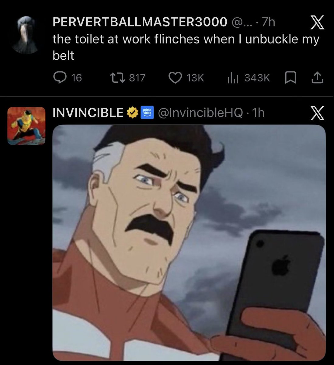 SaltyPallets's tweet photo. @InvincibleHQ I like funny timing https://t.co/XqISpOMCtq