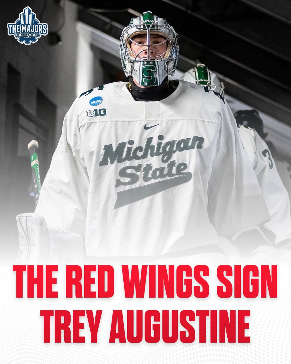 TMSNXDetroit's tweet photo. Official: Trey Augustine is headed into the Red Wings system. 🐙

Detroit signs the standout Michigan State goaltender to a three-year entry-level deal.

Next stop: Grand Rapids.

How soon do you want to see Augustine in Detroit?

#LGRW https://t.co/oLauF64QJU