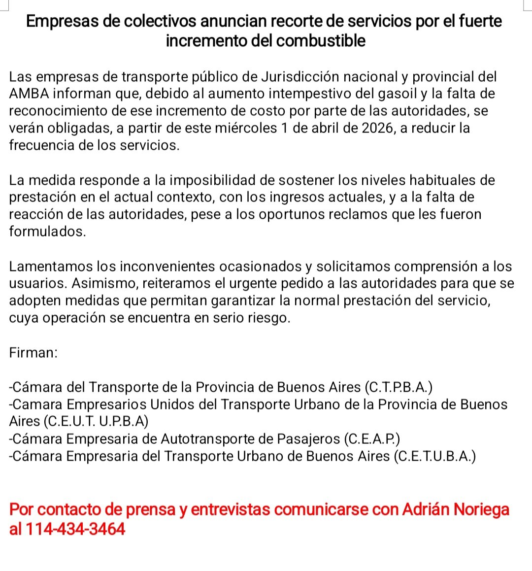 COMUNICADO DE LAS EMPRESAS DE TRANSPORTE PUBLICO DE PASAJEROS DEL AMBA: 
Por el aumento de Gas Oil no compensado por el estado nacional, reducirán las frecuencias desde mañana.