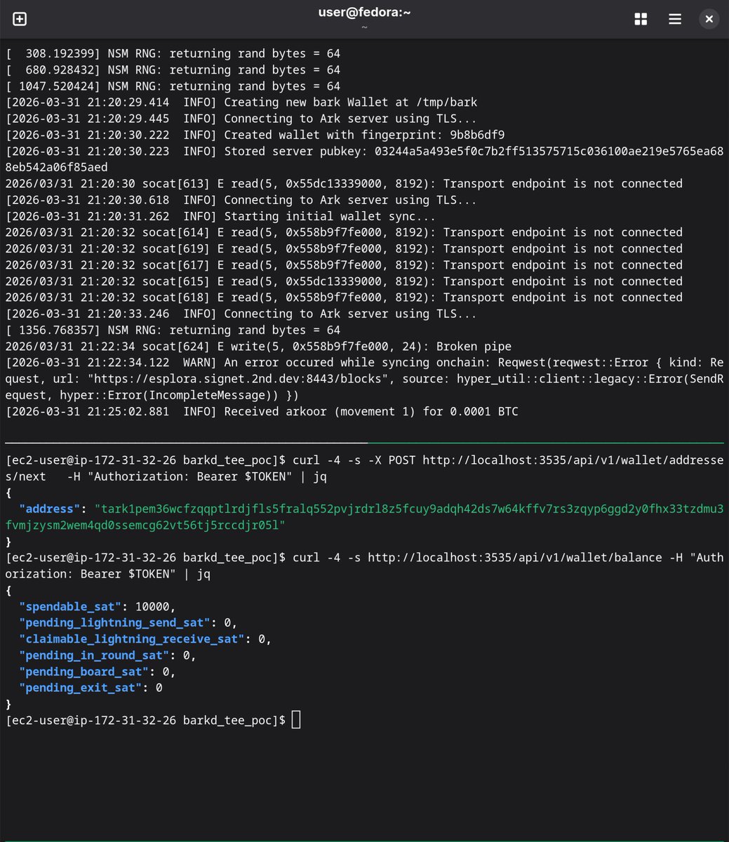 notgrubles's tweet photo. I got barkd running in an AWS Nitro Enclave, serving its REST API to the host instance using vsock. 

Since barkd is running in a TEE, wallet keys exist only in hardware-isolated memory that even the server operator can't read. https://t.co/0hv2NxYNft
