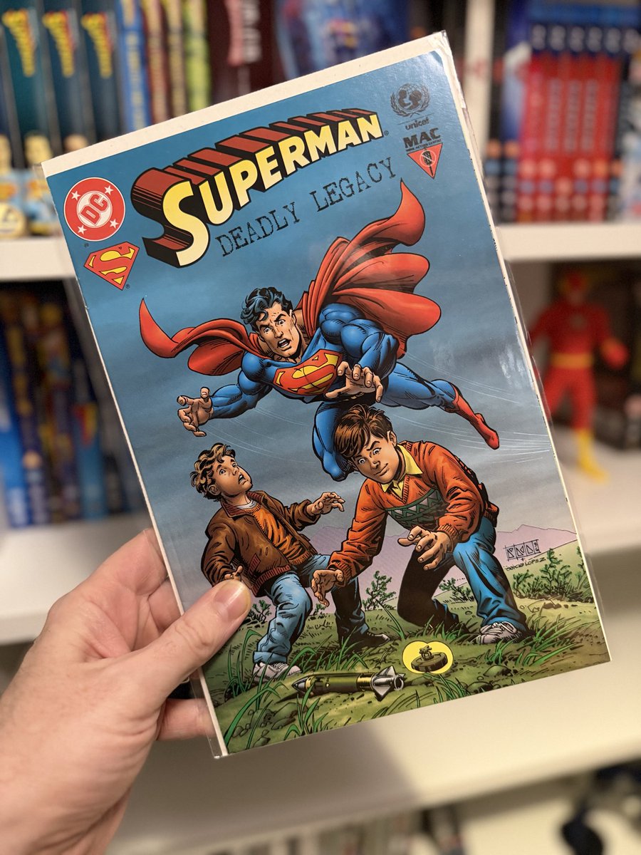 Pitwar's tweet photo. One of the more obscure post Crisis Superman comics. This was given out by UNICEF in war stricken countries to dissuade children from picking up explosives #Superman #DC #Comics https://t.co/Nu3PT46fTV