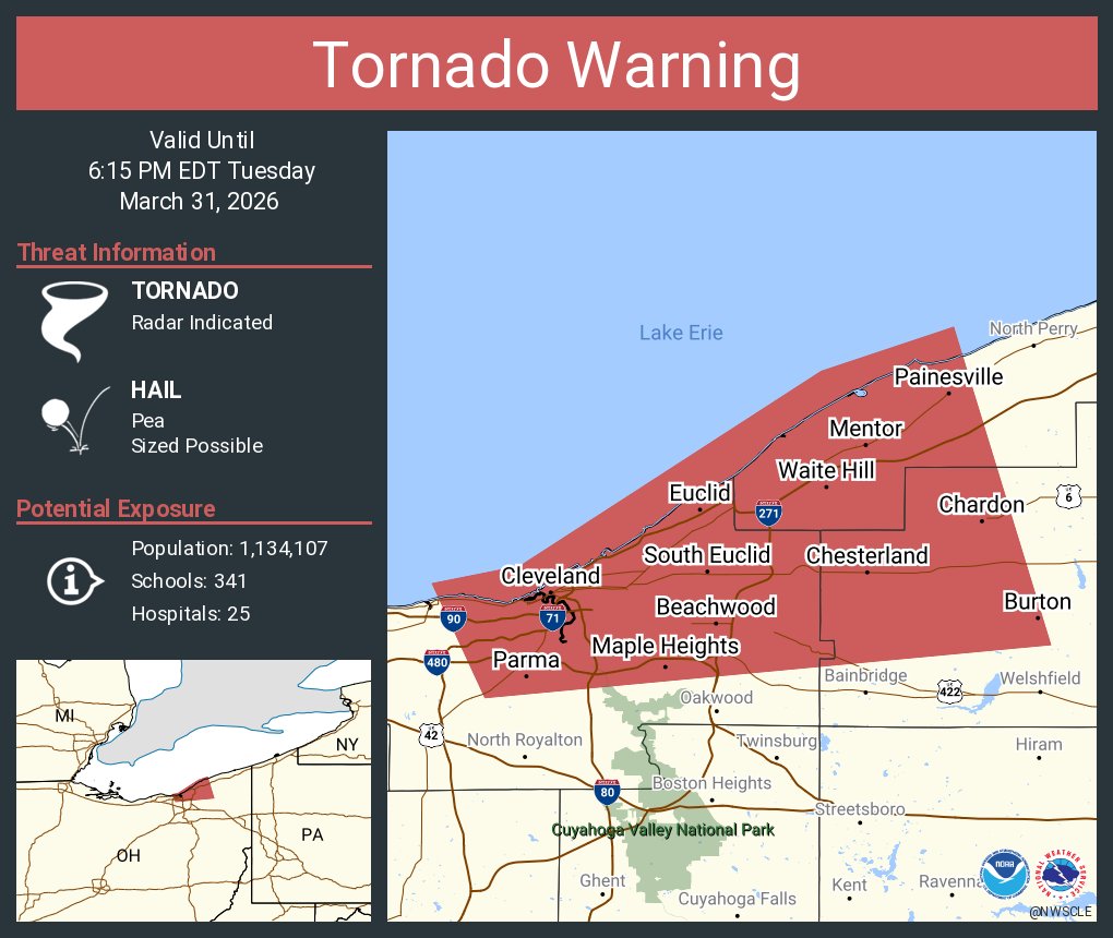 NWStornado's tweet photo. Tornado Warning including Cleveland OH, Parma OH and  Lakewood OH until 6:15 PM EDT https://t.co/OgEfj5aIW8