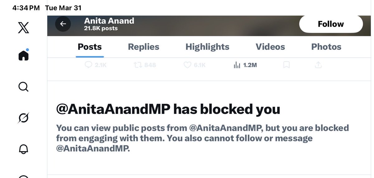 Imagine being blocked by an elected cabinet minister in Canada because they don’t like the truth that you throw at them. Shame on you and your staff Anita Anand. I’ll never stop sharing the truth about the demonizing of Israel by the <a href="/liberal_party/">Liberal Party</a>