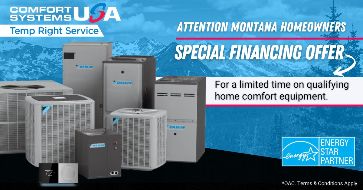 TempRightServ's tweet image. Enjoy special financing offers when you upgrade to an energy-efficient residential home comfort system.

Contact us today to learn more and schedule your consultation!

tempright.com

#missoula #kalispell #butte #bozeman #westernmontana #comfortsystemsusa #tempright