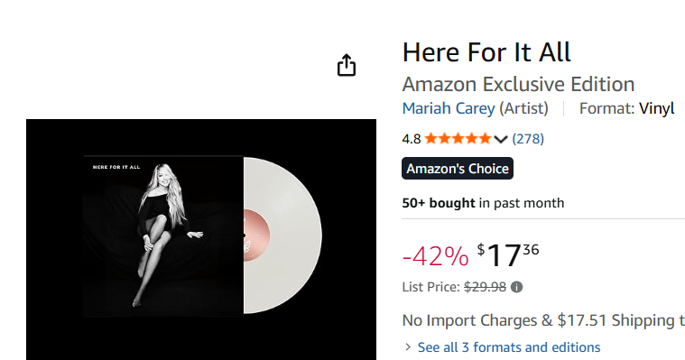 MCareysWorld's tweet photo. The #HereForItAll Amazon Exclusive Edition
 (Vinyl) is 42% OFF!

The biggest sale ever for the album! Make sure to get yours before the sale ends: https://t.co/Zlh7Pnae43 https://t.co/9XMz8zqoS6