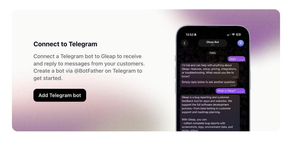 Ahoidev's tweet image. Hot off the press: Gleap releases new #Telegram integration 👉 aho.is/415f0233 #customersupport #SaaS