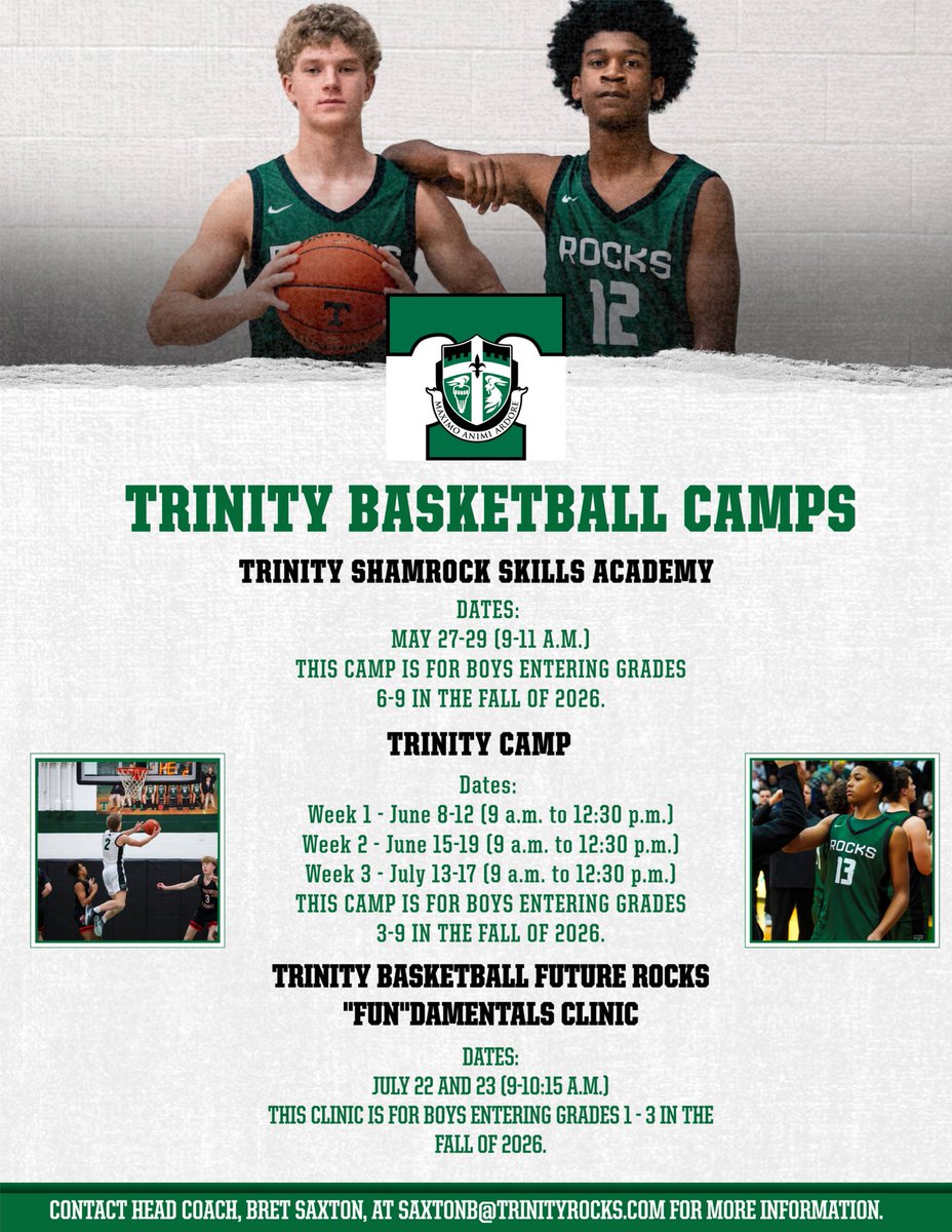 ShamrocksHoops's tweet photo. Spring Break might be next, but summer starts NOW. Lock in Trinity Basketball Camp before you and your family leave! Fun. Fundamentals. Real growth. We look forward to seeing your son in Trinity’s gym this summer! Click the link in our bio for more information. Go Rocks! ☘️🏀 https://t.co/83hE3ecDxF