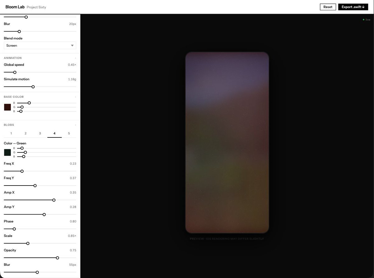 AJKarnas's tweet photo. AI continues to floor me.

Needed abstract backgrounds for an iOS app, so I asked Claude to build a custom design tool that blends video with adjustable parameters and exports directly to Swift.

Got it in one shot. The workflow speed is unreal. ⚡️ https://t.co/d5XTGOAEm0