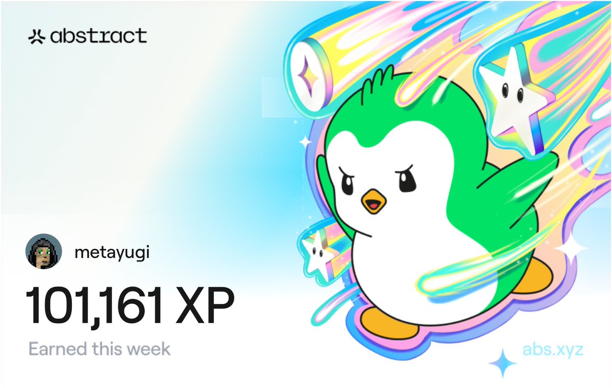 metayugi_'s tweet photo. I just earned 101,161 XP on @AbstractChain! 🎉 

New ATH and Gold III tier unlocked!

Weekly XP day on Abstract = The best. https://t.co/uLq1eEO7Qu
