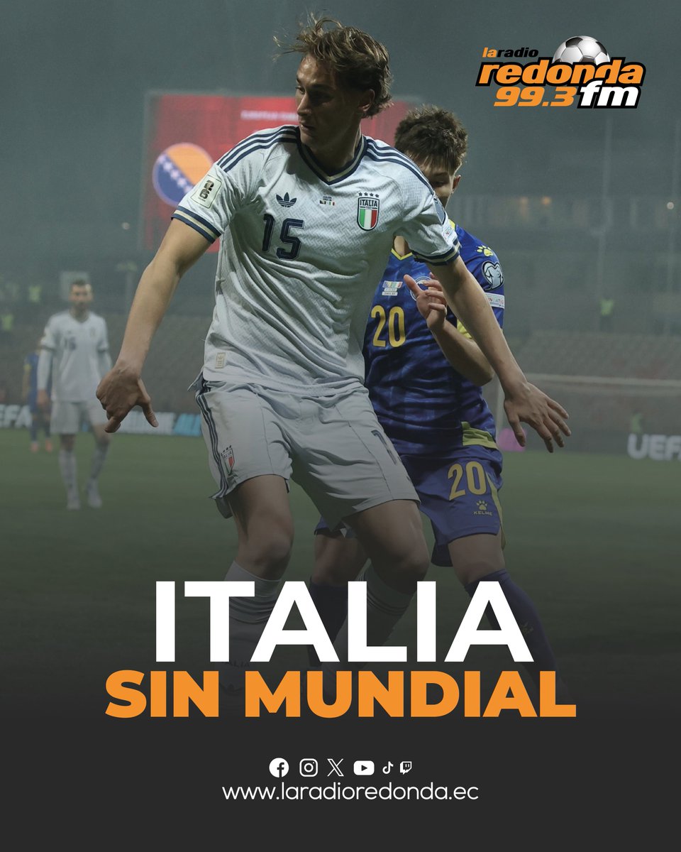 RedondaTv's tweet photo. 🚨🇮🇹 ¡ITALIA SE QUEDA SIN MUNDIAL! ❌🌍

Golpe durísimo para la Azzurra que vuelve a quedarse fuera de la cita más grande del fútbol 😱⚽

La historia pesa… pero esta vez no alcanzó.

🔥 Somos La Radio Redonda Guayas 99.3 FM #SinMundial #Italia #FútbolMundial https://t.co/kVV5XQgSlh