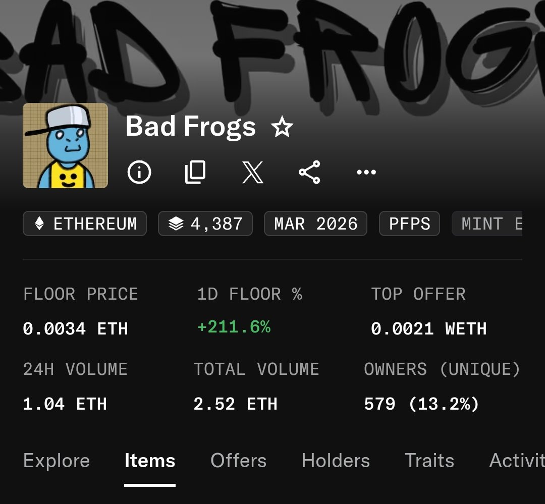 I called <a href="/BadFrogs1744/">Bad Frogs</a> wen FP was  0.0002 ETH 

Now FP 0.0034 ETH 

Did you bought ?