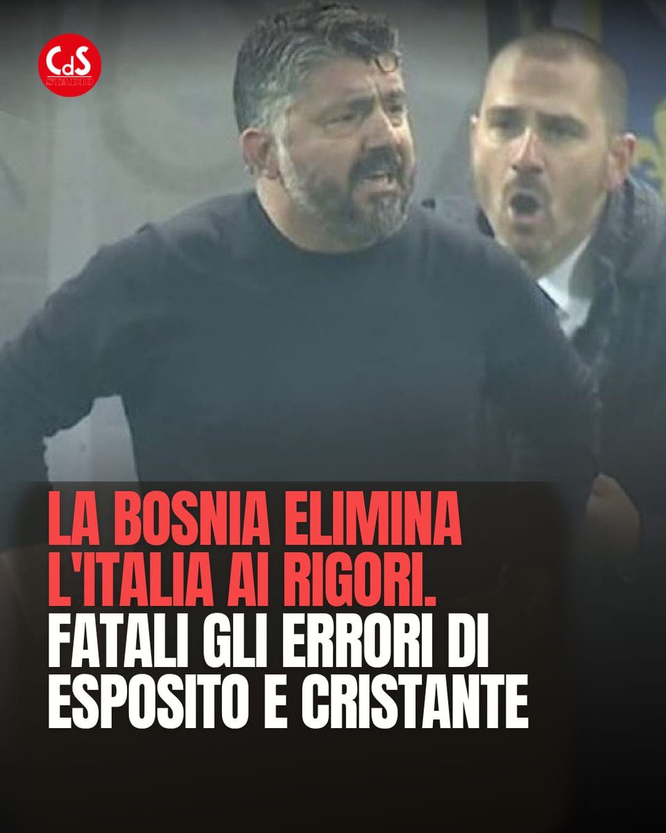 CorSport's tweet photo. 𝗜𝗧𝗔𝗟𝗜𝗔 𝗔𝗡𝗖𝗢𝗥𝗔 𝗙𝗨𝗢𝗥𝗜 𝗗𝗔𝗜 𝗠𝗢𝗡𝗗𝗜𝗔𝗟𝗜 ‼️

Dopo 12 anni dall’ultimo Mondiale giocato, l’Italia rimane ancora fuori: in America volerà la Bosnia 🇧🇦 
Decisivi gli errori di Pio Esposito e Cristante ai rigori ❌

#CorrieredelloSport #Italia https://t.co/JrsRqa66QV