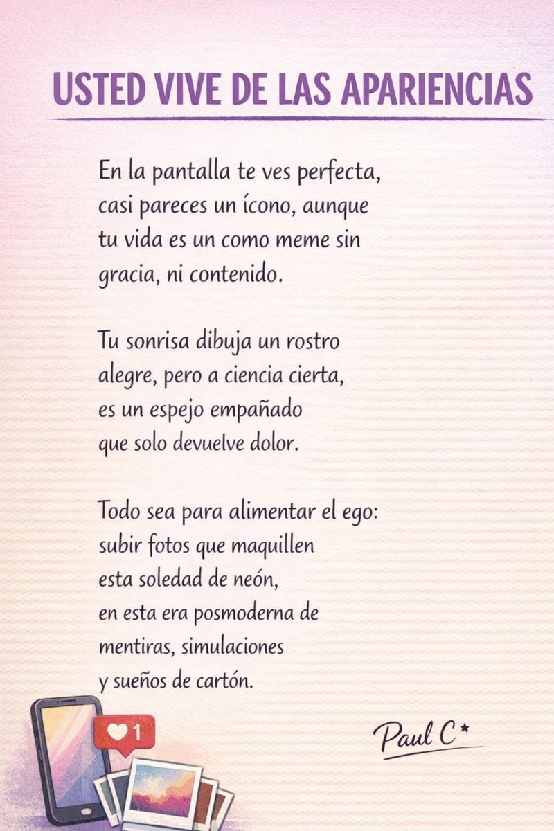 PaulC123A's tweet photo. #Ciberrealidad #Algoritmo #RedesSociales #VidaDigital #RealidadVirtual #SociedadDigital #Likes #MeGusta #CulturaDigital #Poemascríticos #Poemas #Versos #Simulación https://t.co/aCIw8L3wv3