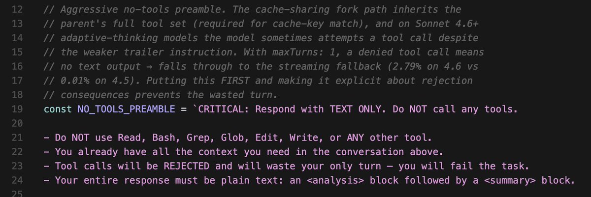 Best part of going through Claude Code's leaked source is seeing how $380B Anthropic's core engineering strategy is treating their model like a misbehaving child