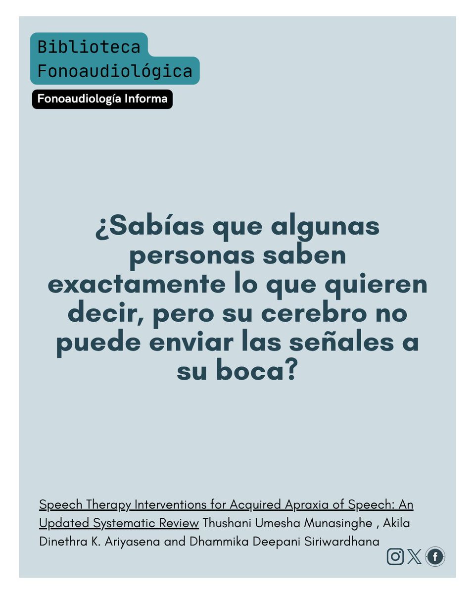 GSalgadoMa's tweet photo. Biblioteca  Fonoaudiológica: 
Speech Therapy Interventions for Acquired Apraxia of Speech: An Updated Systematic Review
Thushani Umesha Munasinghe , 

¿Alguna vez te has preguntado qué pasa cuando el cerebro sabe qué decir, pero la boca simplemente no responde? https://t.co/ZkzwJAl3a2