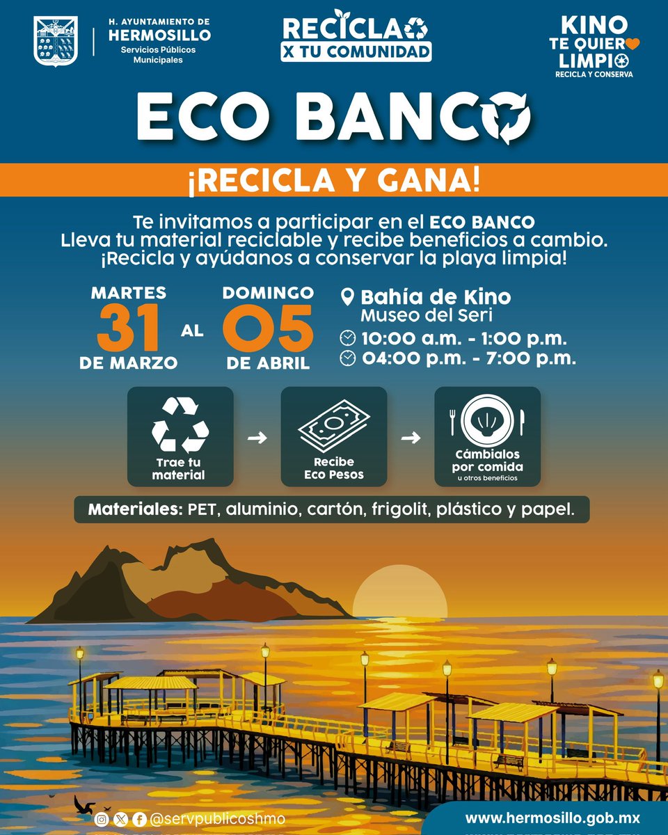 servpublicoshmo's tweet photo. ¡Recicla y gana! ♻️✨

Esta semana santa, lleva tu material susceptible a reciclaje al Eco-Banco en Bahía de Kino y canjéalo por comidas en los distintos negocios locales participantes. 🙌🏻 

¡Entre más juntes, más beneficios obtendrás! 

#KinoTeQuieroLimpio #TrashCash 💵♻️ https://t.co/yedW04Ri6G
