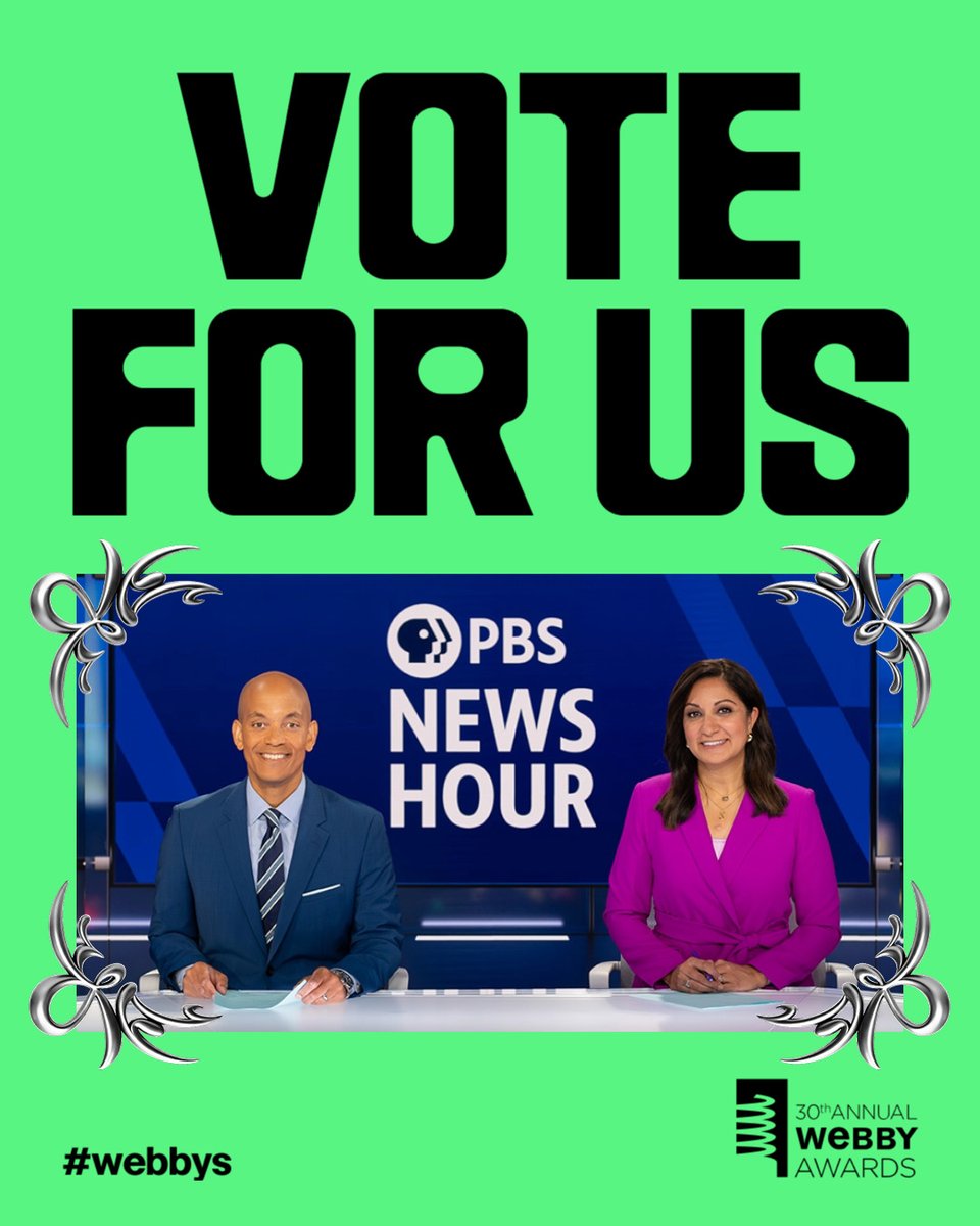 NewsHour's tweet photo. We have exciting news to share: PBS News has been nominated for a Webby Award! 

Help our YouTube channel win a #Webbys People's Voice Award in the Video & Film - Series & Channels - News & Politics category. Vote for us, and other @PBS nominees, here: https://t.co/uYnLzEvk83

@TheWebbyAwards