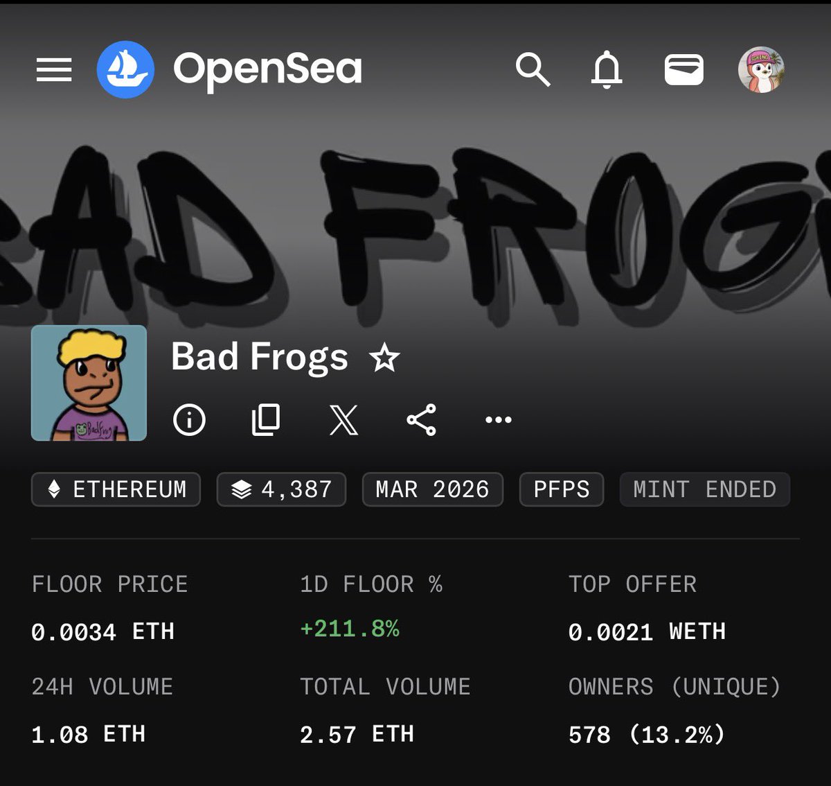 Told you’ll yesterday, that’s going to be the last time you’ll see <a href="/BadFrogs1744/">Bad Frogs</a> at 0.0008 eth. 

We are up now. 

Jeeters gonna cry.
