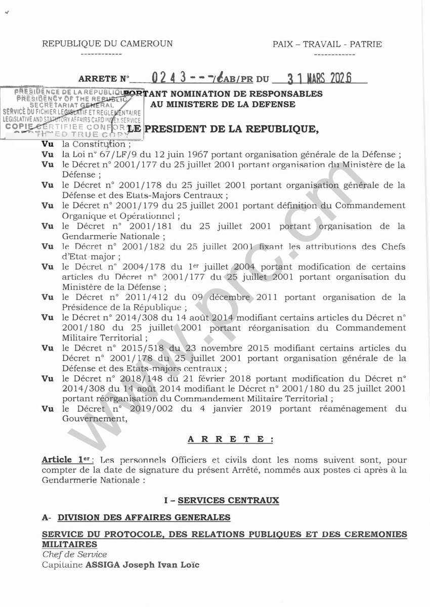 PR_Paul_BIYA's tweet photo. Arrêté N°0243/CAB/PR du 31 mars 2026 portant nomination de responsables au Ministère de la Défense.

#PaulBiya
#Cameroun
1/2 https://t.co/0vGjOn3cVw