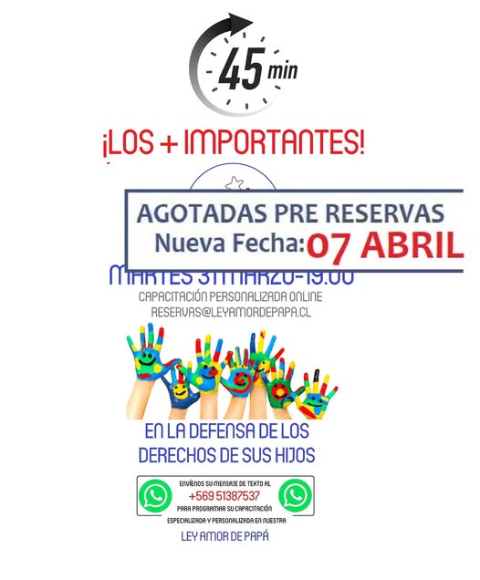 AmordePapa's tweet photo. ¡YA TENEMOS NUEVA FECHA: MARTES 07 ABRIL!

Le invitamos a invertir LOS 45 MINUTOS MÁS IMPORTANTES de su tiempo en la mejor ASESORÍA, ORIENTACIÓN y CAPACITACIÓN ONLINE vía ZOOM. 

Escríbanos al mail: reservas@leyamordepapa.cl y/o MENSAJE de TEXTO al WhatsApp +56 9 51387537 https://t.co/6oHkUlWYYn
