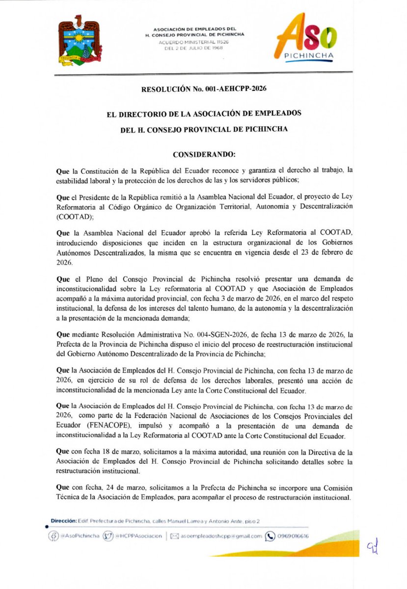 GETperiodista's tweet photo. Los empleados de la Prefectura de Pichincha nos declaramos en vigilancia permanente respecto de la Ley reformatoria al #COOTAD y a la reestructuración institucional. https://t.co/e1XSvh69uX