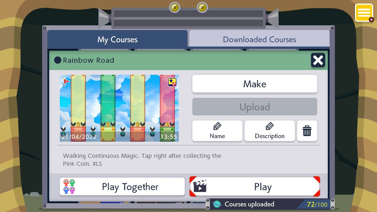 LetoII6's tweet image. #NintendoSwitch #SuperMarioMaker2 
"Rainbow Road" with 15 Magic Letos got deleted. Could anyone tell me why Nintendo would consider that advertising/spam content? "Fire Walk" has 20 jumps with almost the same description. I just reuploaded it with only "#LS" in the description.