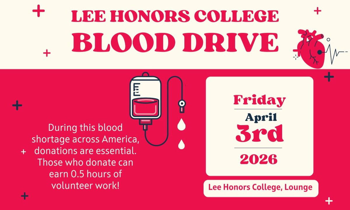 We’re hosting an American Red Cross Blood Drive on Friday, April 3 from 10:30 a.m. to 4:30 p.m. at the <a href="/LeeHonorsCol/">Lee Honors College</a>. Due to critical blood shortages, donations are essential—schedule yours now: redcrossblood.org/give.html/dona…
