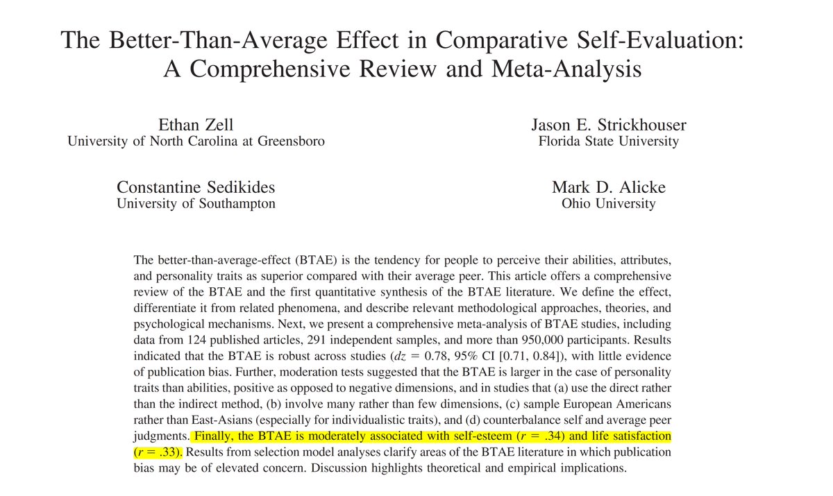 Kendisini ortalamanın üstünde görenlerin kendilerine olan saygıları ve yaşam doyumları daha yüksek olma eğilimindedir.